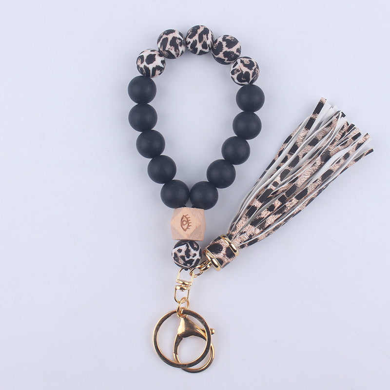 Wholesale Leopard Pattern Silicone Tassel Beaded Wrist Keychain